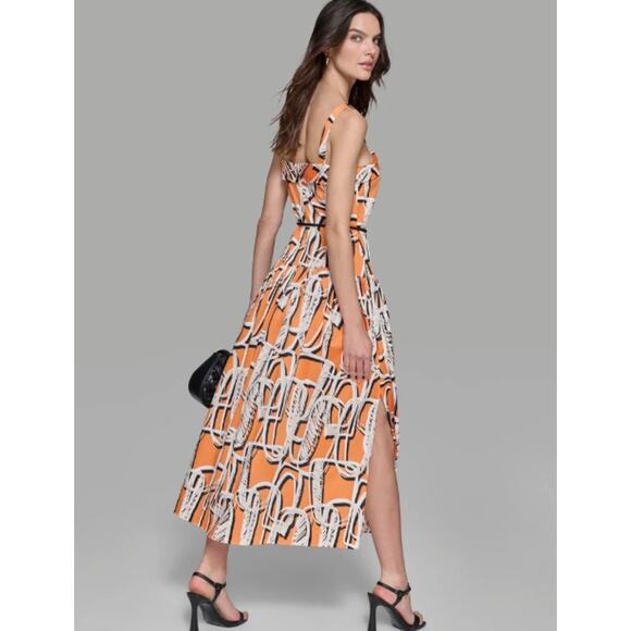Karl Lagerfeld Paris Sleeveless Printed Square Neck Midi Dress Orange Size 12 - Picture 3 of 15